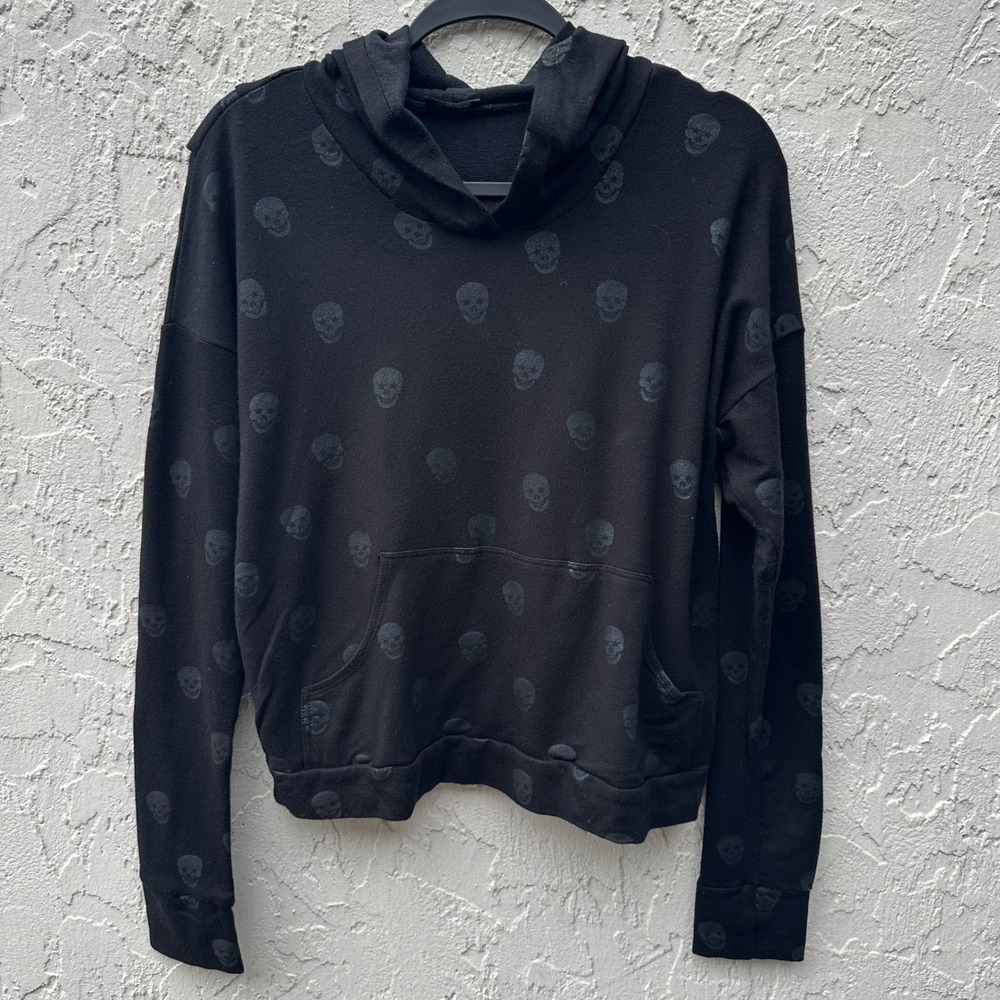 Terez Skull Print Hoodie Goth Terry Long Sleeve Cropped‎ Pullover Women Medium
